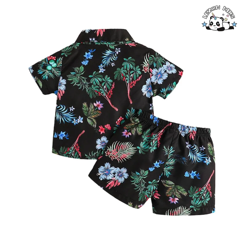 LEZONKIDS - Conjunto de Roupas de Meninos para Férias de Verão com Camisa Polo Floral e Shorts 2 Peças